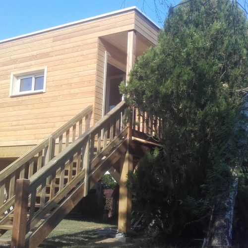 Extension ossature bois bardage Mélèze couverture membrane d&rsquo;étanchéité à Marcenat