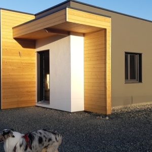 Maison ossature bois avec bardage mélèze saturé et enduit, couverture membrane d&rsquo;étanchéité, menuiseries PVC à Busset